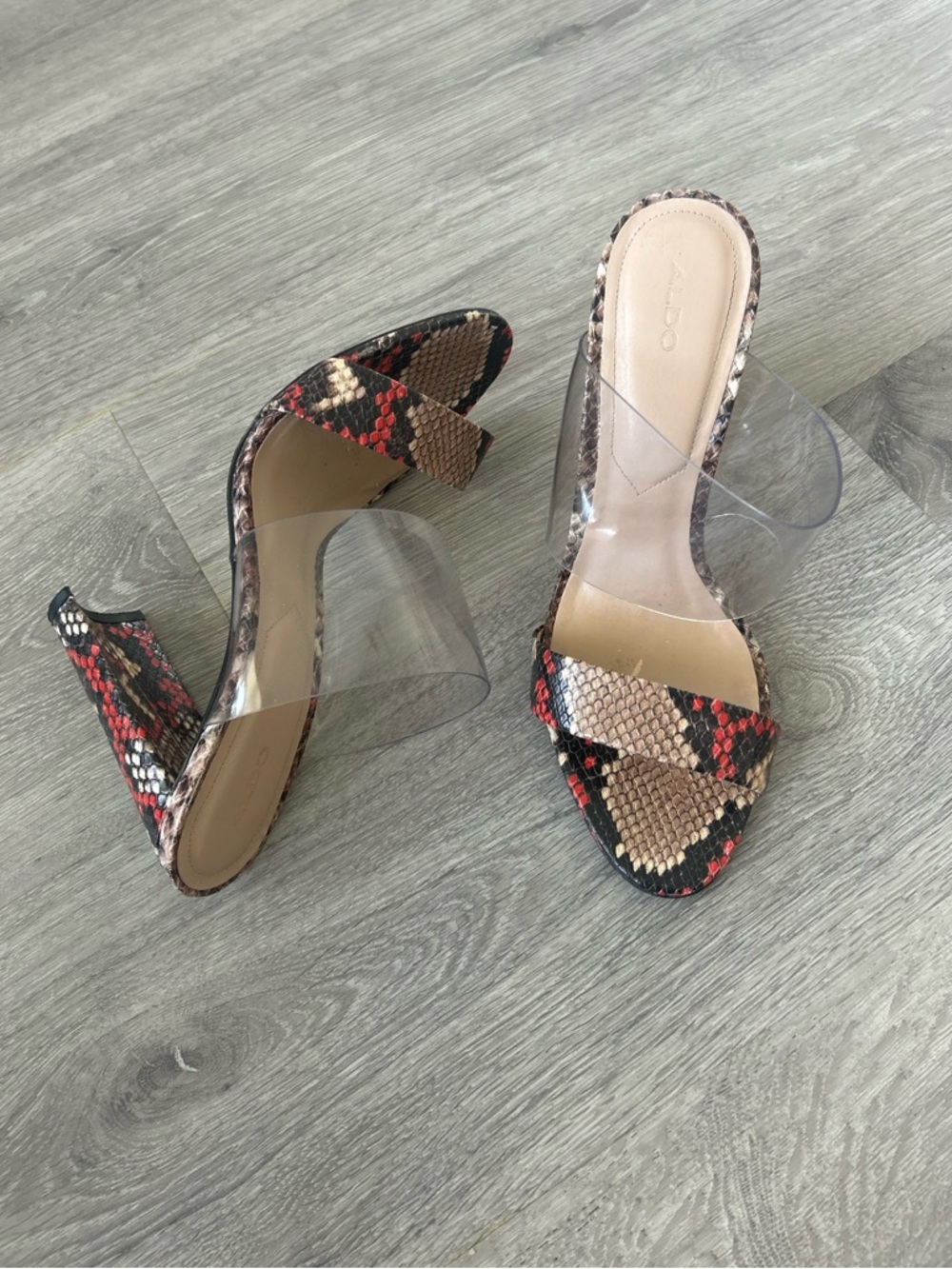 ALDO Fulmer Snakeskin & Clear Strap Heels — Size 8.5, Worn